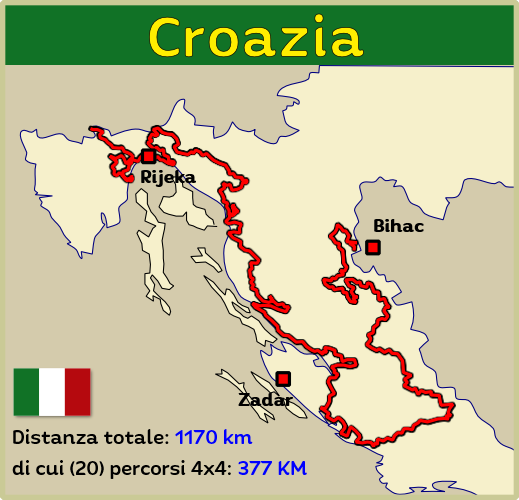 Mappa dei tour dei percorsi fuoristrada della Croazia 4x4 Europa