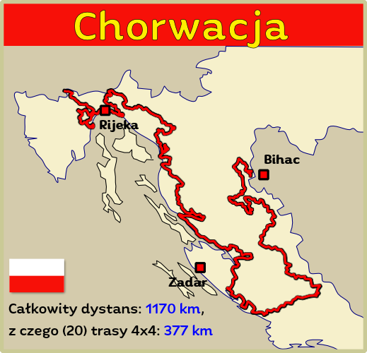 Mapa wycieczek po Chorwacji 4x4 Europa trasy terenowe