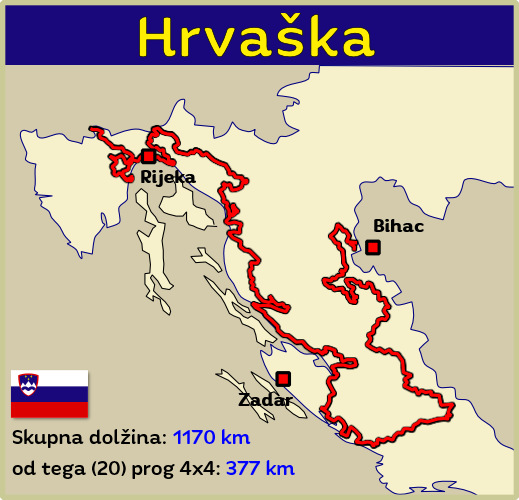 Tours zemljevid Hrvaške 4x4 Evropa terenske poti