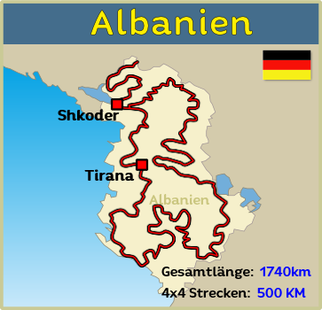 Offroad Touren Karte von Albanien für Offroad strecken unf Pisten