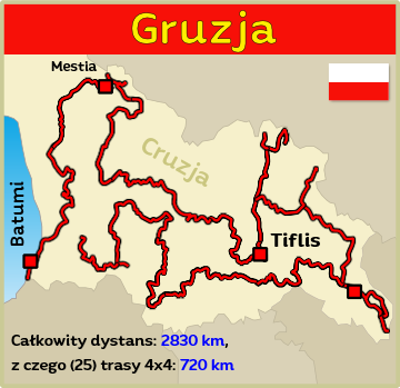 Mapa wycieczek terenowych po Gruzji z trasami i stokami terenowymi